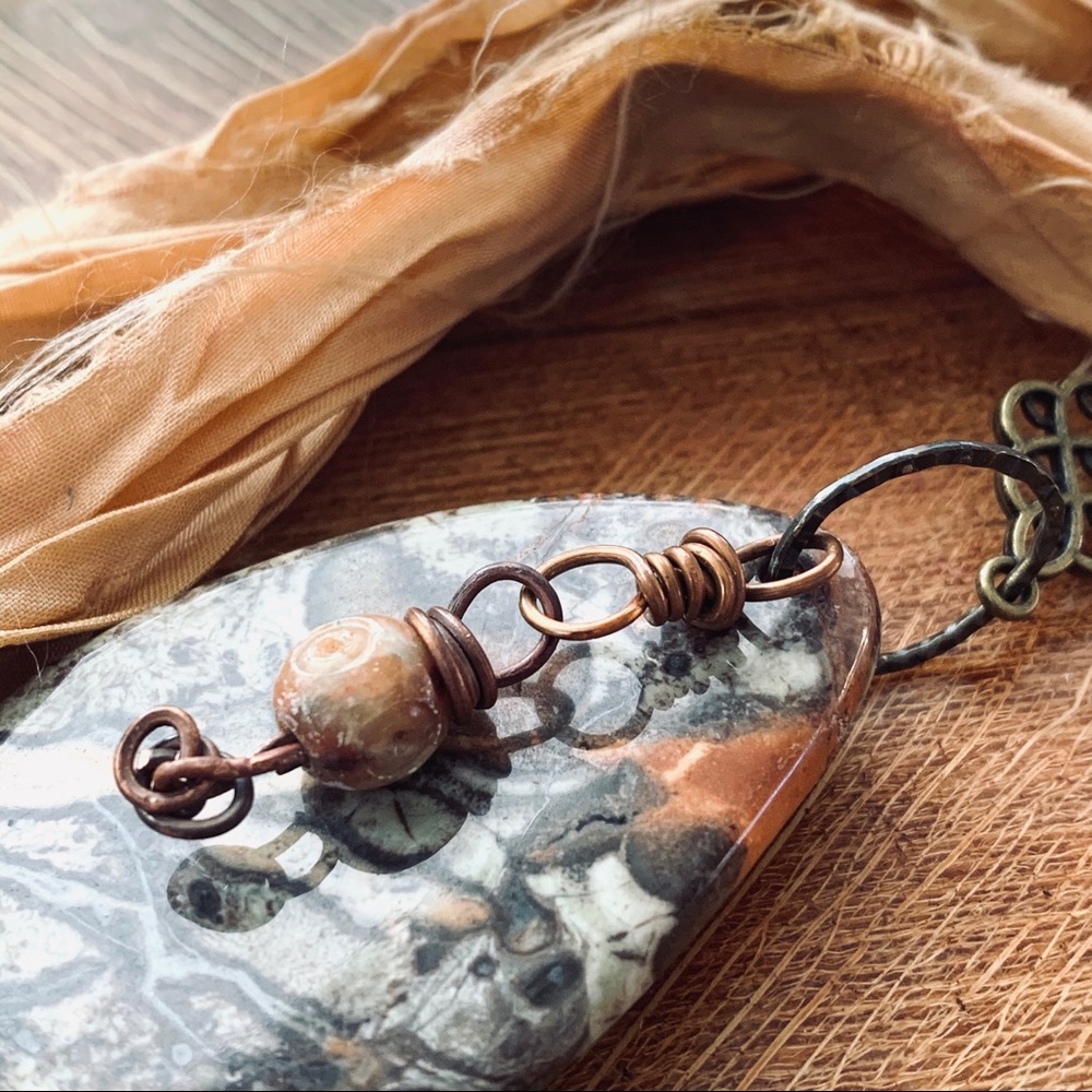 Handcrafted Jasper Pendant Sari Silk Necklace